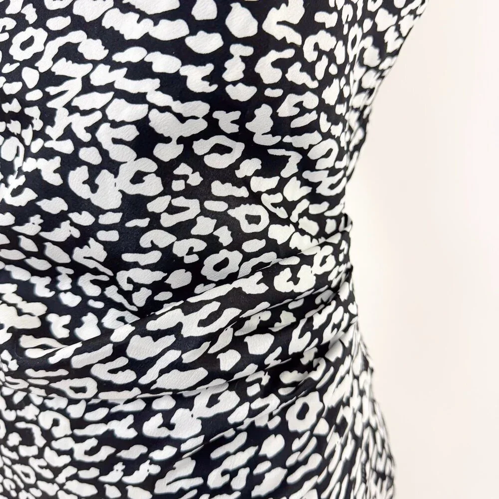 90S STYLE SATIN SLIP DRESS DRAPED COWL NECK BLACK AND WHITE LEOPARD PRINT - Picture 7 of 8